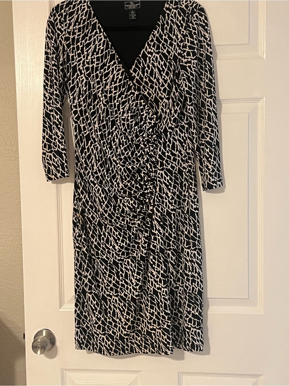 American Living Black and White Ruched Faux-Wrap Long-Sleeve Dress